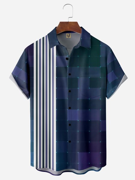 Mosaic art Chest Pocket Short Sleeve Bowling Shirt, Purple, Men Shirts