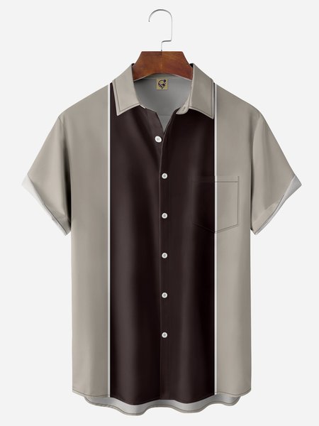 Color Block Chest Pocket Short Sleeve Bowling Shirt, Brown, Men Shirts