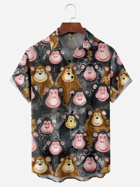 Animal Chest Pocket Short Sleeve Casual Shirt, Black-grey, Men Shirts