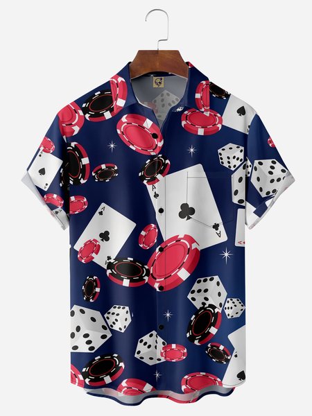 Playing Cards Chest Pocket Short Sleeve Casual Shirt, Deep blue, Men Shirts
