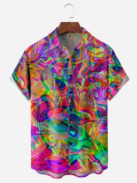 Geometric Chest Pocket Short Sleeve Casual Shirt, Pink, Men Shirts