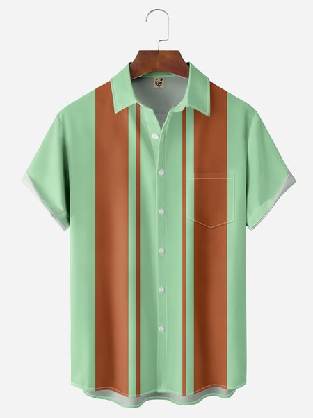 Color Block Chest Pocket Short Sleeve Bowling Shirt, Green, Men Shirts