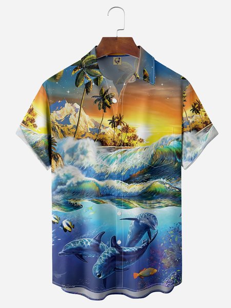 Dolphin Chest Pocket Short Sleeve Hawaiian Shirt, Blue, Men Shirts