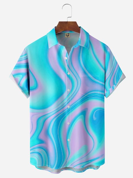 Geometric Fluid Lines Chest Pocket Short Sleeve Casual Shirt, Blue, Men Shirts