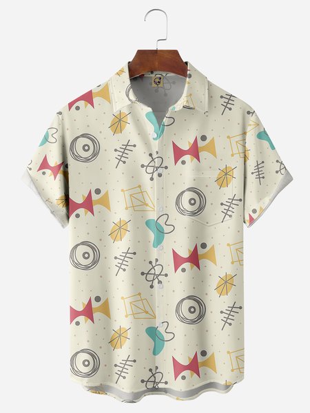 Mid Century Geometry Chest Pocket Short Sleeve Hawaiian Shirt, Yellow, Men Shirts