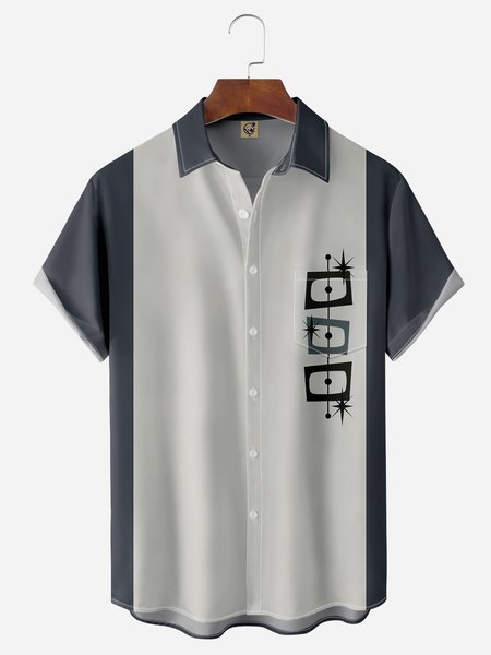 Mid Century Geometry Chest Pocket Short Sleeve Bowling Shirt, Blue, Men Shirts