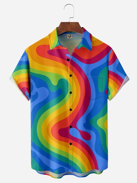 Abstract Geometric Chest Pocket Short Sleeve Casual Shirt, Blue, Men Shirts