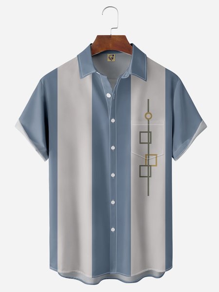 Geometric Pattern Chest Pocket Short Sleeve Bowling Shirts, Blue, Men Shirts