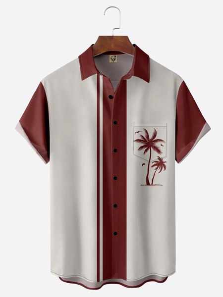 Coconut Tree Chest Pocket Short Sleeve Bowling Shirt, Red, Men Shirts