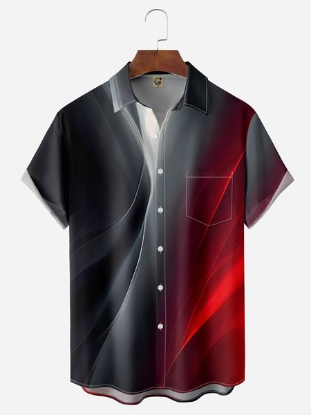 Gradient Color Chest Pocket Short Sleeve Casual Shirt, Black, Men Shirts