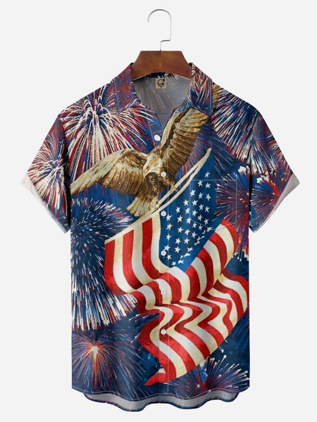 American Flag Chest Pocket Short Sleeve Casual Shirt, Blue, Men Shirts