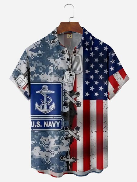 Veterans Navy Chest Pocket Short Sleeve Casual Shirt, Blue, Men Shirts