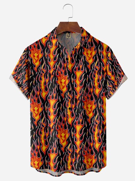 Flame Chest Pocket Short Sleeve Casual Shirt, Black, Men Shirts