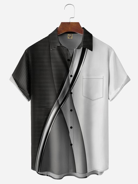 3D Line Chest Pocket Short Sleeve Casual Shirt, Black, Men Shirts