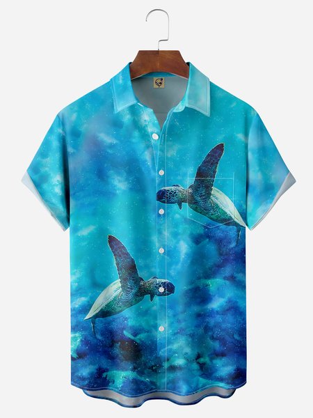 Sea Turtle Chest Pocket Short Sleeve Hawaiian Shirt, Blue, Men Shirts