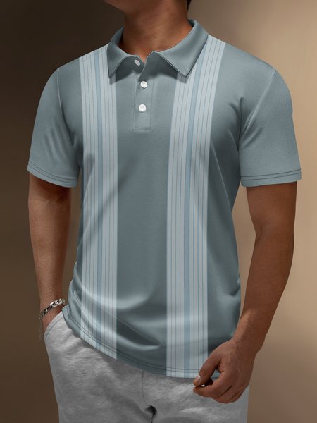 Contrast Striped Button Short Sleeve Bowling Polo Shirt, Aqua blue, Polo Shirts