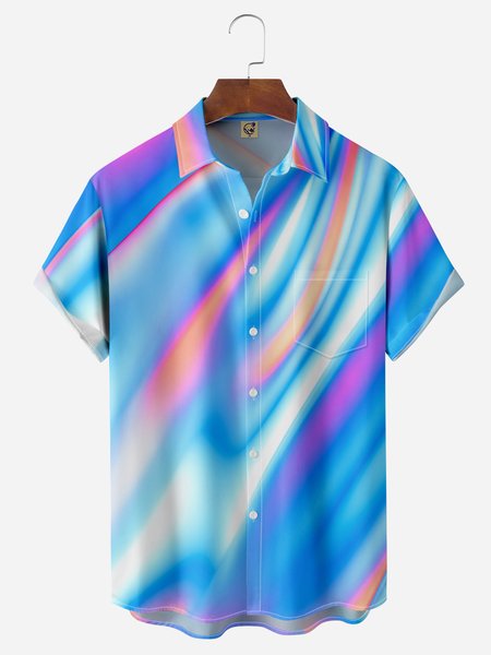 3D Gradient Chest Pocket Short Sleeve Casual Shirt, Blue, Men Shirts