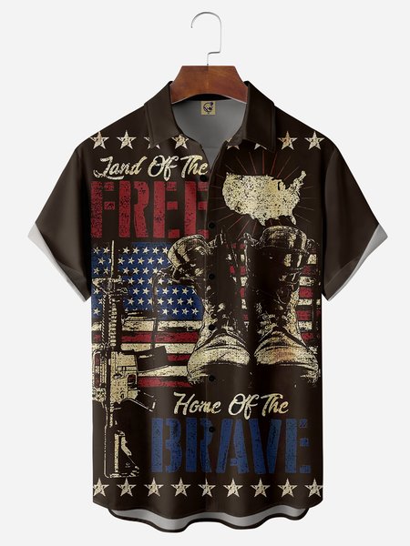 Veterans American Flag Chest Pocket Short Sleeve Shirt, Black, Men Shirts
