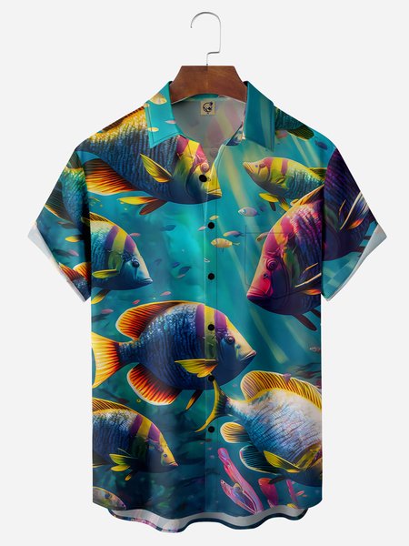 Tropical Fish Chest Pocket Short Sleeve Hawaiian Shirt, Blue, Men Shirts