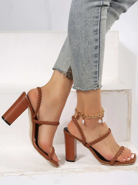 Braided Two Way Wears Chunky Heel Strappy Sandals, Brown, Sandals