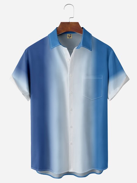 Gradient Color Chest Pocket Short Sleeve Casual Shirt, Blue, Men Shirts