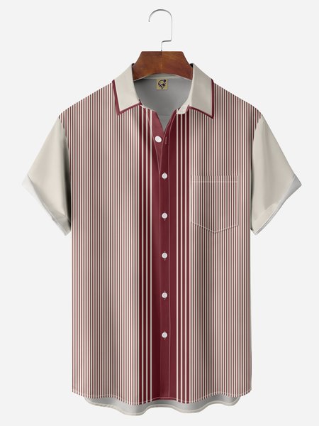 Geometric Color Block Chest Pocket Short Sleeve Bowling Shirt, Wine red, Men Shirts