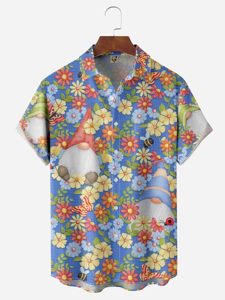 Floral Gnomes Chest Pocket Short Sleeve Hawaiian Shirt, Blue, Men Shirts
