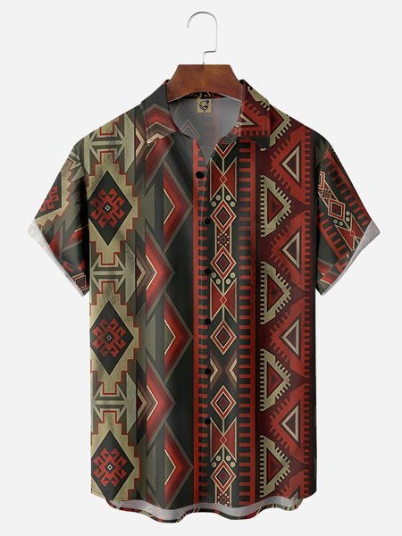 Western Pattern Chest Pocket Short Sleeve Casual Shirt, Red, Men Shirts