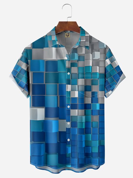 3D Plaid Chest Pocket Short Sleeves Casual Shirt, Blue, Men Shirts
