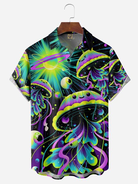 Hippie Jellyfish Chest Pocket Short Sleeve Hawaiian Shirt, Purple, Men Shirts