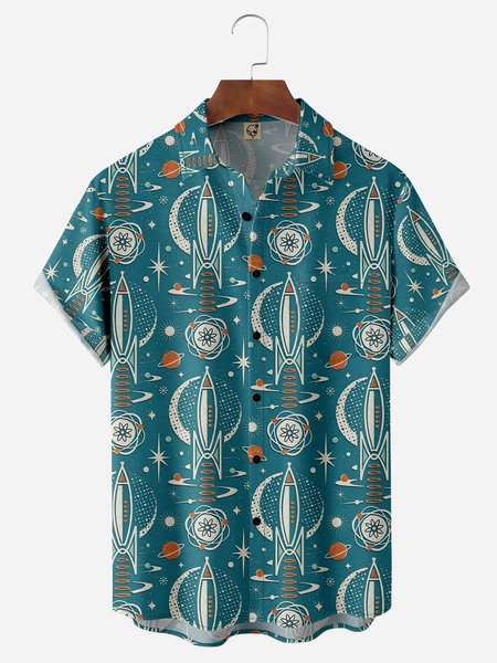 Mid Century Geometry Chest Pocket Short Sleeve Hawaiian Shirt, Blue, Men Shirts