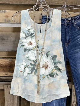 Linen Linen Floral Tank Top, Green, Tank Tops & Camis