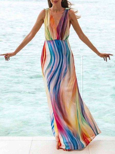 Vacation V Neck Abstract Chevron Dress, Multicolor, Maxi Dresses