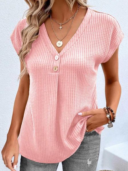 V Neck Plain Casual Shirt, Pink, Tops