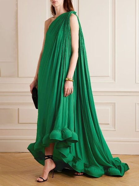 Regular Fit Plain One Shoulder Elegant Party Dress, Green, Maxi Dresses