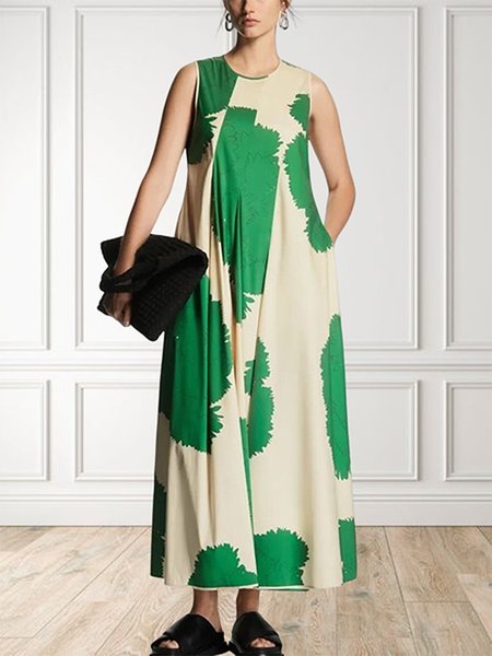 Abstract Casual Crew Neck Regular Fit Dress, As picture, Maxi Dresses