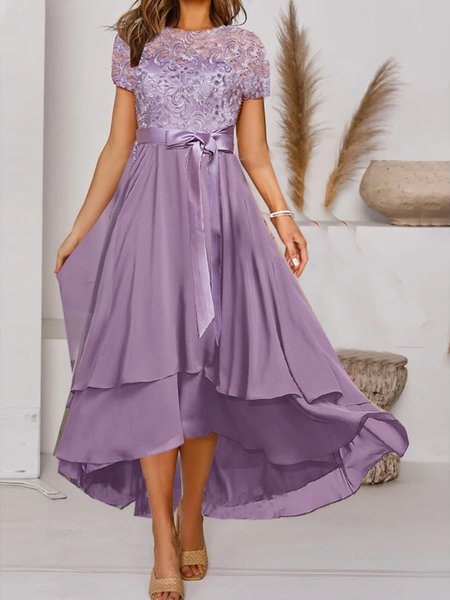 Lace Plain Elegant Crew Neck Dress, Purple, Formal Dresses