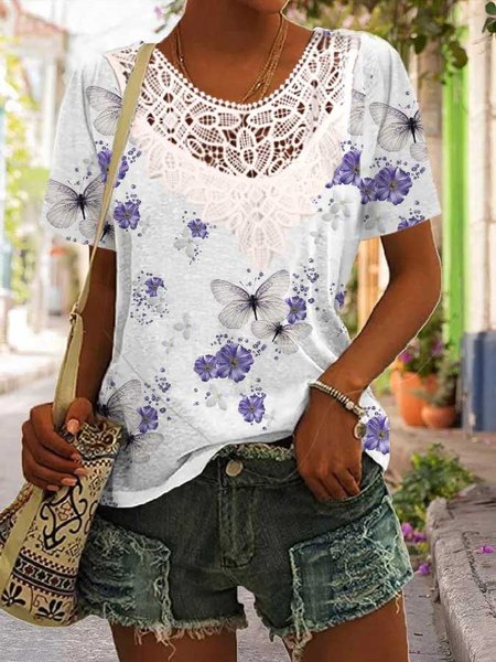 Butterfly Casual Lace Crew Neck T-Shirt, White, T-Shirts