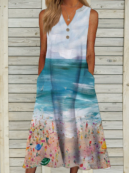 Beach Knitted Buttoned Vacation Dress, Blue, Dresses