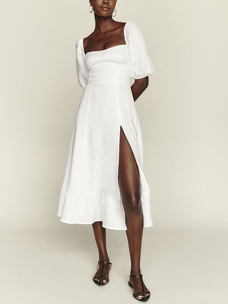 Square Neck Elegant Plain No Elasticity Dress, White, Maxi Dresses