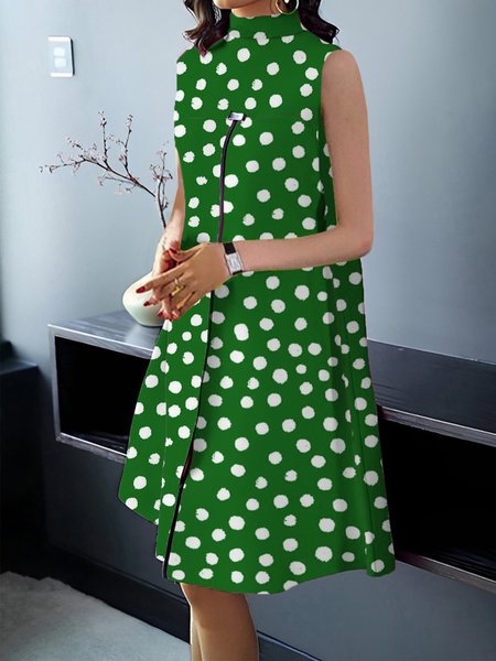 Elegant Polka Dots Stand Collar Regular Fit Dress, Green, Mini Dresses