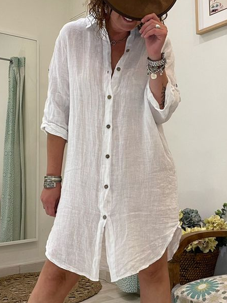 Buttoned Linen Shirt Collar Loose Dress, White, Dresses