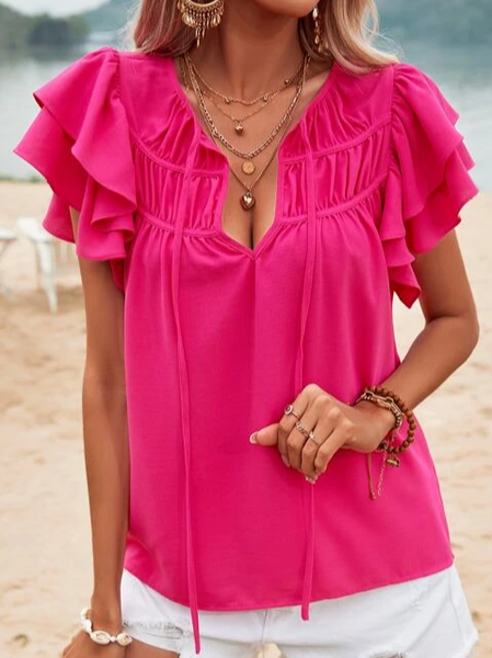 V Neck Loose Casual Plain Shirt, Deep pink, Shirts & Blouses