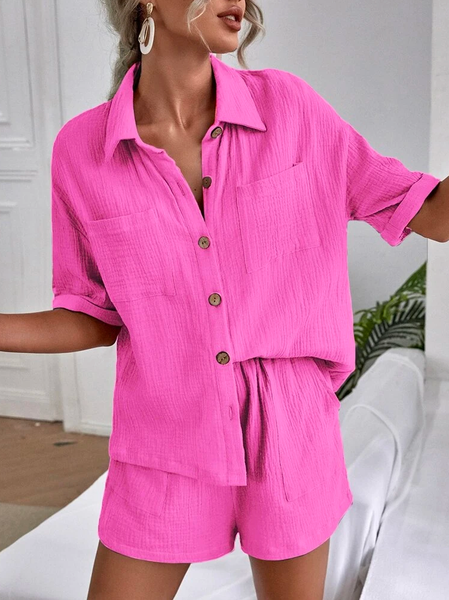 Drop Shoulder Dual Pocket Loose Vacation Shirt Collar Cotton Two-Piece Set, Pink, Tops
Drop Shoulder Dual Pocket Loose Vacation Shirt Collar Cotton Two-Piece Set, Pink, Tops