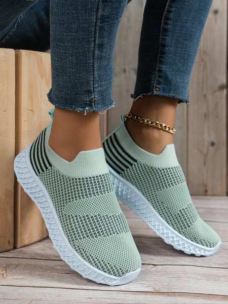 Breathable Mesh Fabric Striped Sports Slip On Flyknit Sneakers, Green, Sneakers