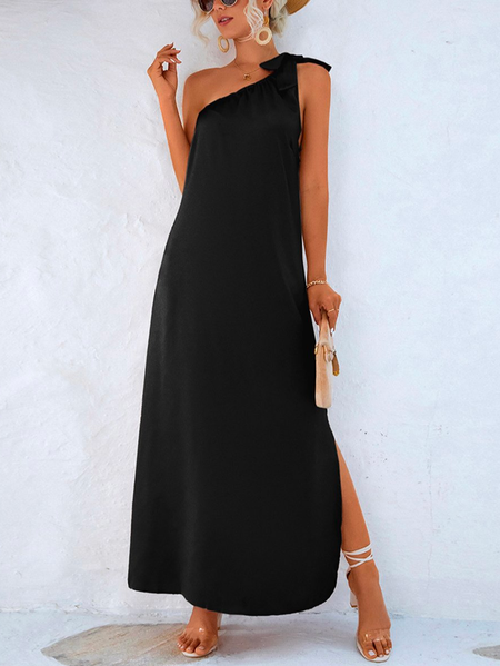 Plain Asymmetrical Casual Dress, Black, Dresses