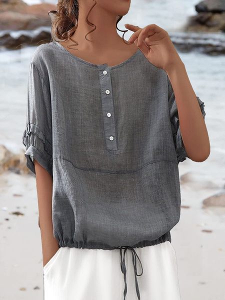 Linen Cotton And Linen Buttoned Half Open Collar Shirt, Gray, Shirts & Blouses