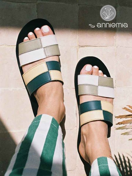 Green Color Block Plaid Casual Comfy Sole Slide Sandals, Sandals