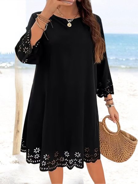 Loose Crew Neck Vacation Dress, Black, Dresses