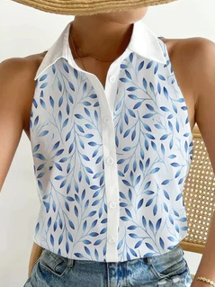 Shirt Collar Leaf Casual Blouse, White, Tanks & Camis